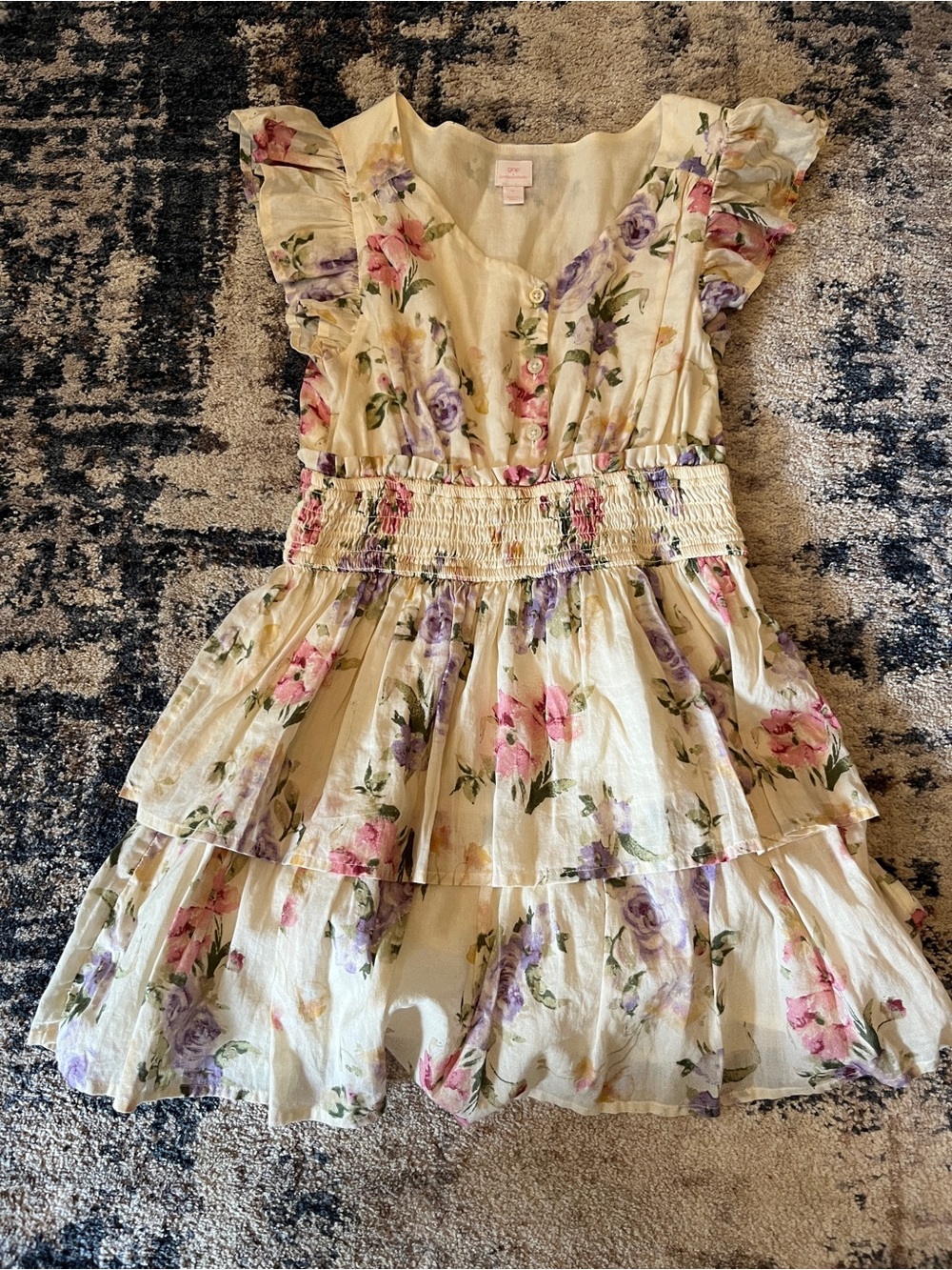 GAP X Loveshack Fancy Cream Floral Tiered Dress with Pink & Purple Blooms